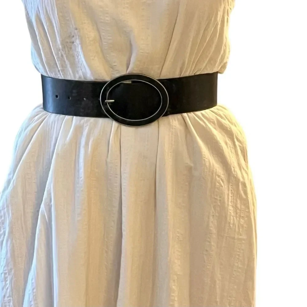 NEW Sisley Black Leather Wide Oversized Oval Buckle Silver Belt S